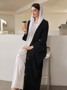 Al Najma Women's Elegant Luxurious Beaded Pearl Long Abaya Robe,Modest - Black - View 7