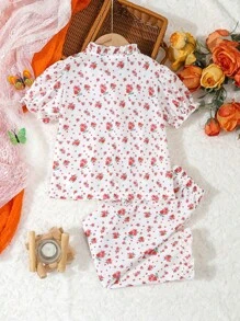 2pcs Young Girl Casual Elegant Ruffle Trim Ditsy Floral Pattern Short Sleeve Blouse And Long Pants Homewear Set - Pink - View 2