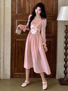 DAZY Women's Patchwork Collar Bowknot Frill Trim Mid-Length Dress,Fall Dress Long Sleeve Dress - Pink - View 11