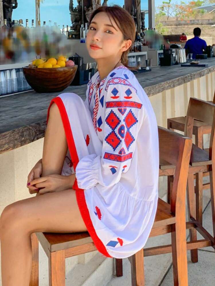 Women's Floral Retro Print Loose Beach Dress,Mini Dress