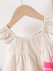SHEIN Playful Pals Baby Girls Casual Cute Pink Big Floral Print Frill Sleeve White Woven Dress, Summer Korean Style
