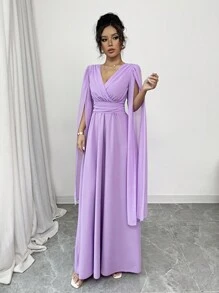 Rafferiza Vestido elegante de mujer para banquetes diarios, bodas, con escote en V, plisado en la cintura, corte evasé, chal transparente de gasa color lavanda para primavera y verano, falda larga de tela para otoño