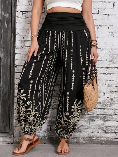 SHEIN VCAY Plusstorlek Boho Svarta Stickade Harembyxor Med Resår I Midjan, Blandade Mönster, Bohemiska, Westernkläder För Damer, Cowgirl, Sommar För Damer, Strand, Sommar För Damer, St. Patricks Day, Vår För Damer, Ibiza Passform