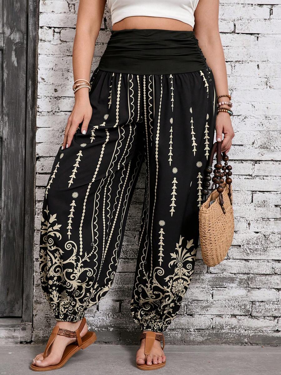 SHEIN VCAY 加大码波西米亚风黑色针织弹力腰混合图案哈伦裤，波西米亚风，女士西部风情，牛仔风，女士夏季风，海滩风，女士夏季风，圣帕特里克节风，女士春季风，伊比沙岛风 - 黑色 - 查看 1