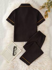 2pcs/Set Tween Boys' Casual Badge Embroidered Short Sleeve Top And Relaxed Fit Pants Lounge Set - Black - View 2