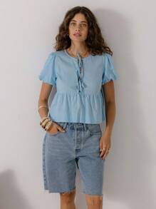 Aralina Schickes Sommer-Urlaubs-Ausgeh-Oberteil mit Puffärmeln, Schleife und geschichtetem Peplum-Bauernhemdsaum