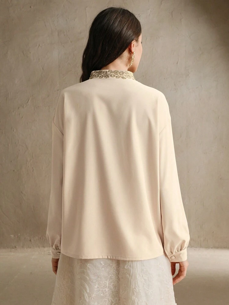 Keyhole Neck Luxury Embroidered Patchwork Women Blouse, Spring For Women