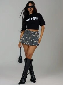 MUSERA MUSE字母印花落肩超大款短款T恤，休闲夜店锐舞性感迷宫机场假日节日返校秋季冬季 - 黑色 - 查看 4