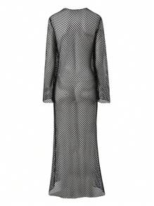 SHEIN Swim 1 Pc Long Sleeve Beach Cover-Up Dress, Solid Color Fishnet, Front Circular Ring Deep V Elegant Design For Women, For Summer Vacation