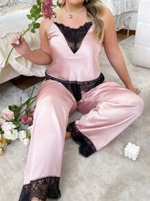 Plus Size Contrast Lace Patchwork Deep V Neck Backless Faux Silk Pajama Set