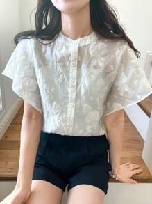 FRIFUL Women's White Textured Fabric Blouse, Lovely Ladies Summer Top