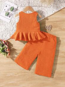 SHEIN Baby Girl Summer Solid Textured Sleeveless Top And Elastic Waist Loose Pants Set - Orange - View 2