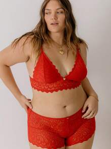 Aralina Curve Valentine Heart Red Love All Over Lace Lingerie Bralette And Boyleg Knicker Two Pieces Set - Red - View 8