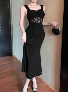 DAZY 女式蕾丝拼接宽肩带优雅修身中长连衣裙太阳裙，正式女装 - 黑色 - 查看 6