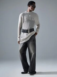 NEON BLANC Áo len cổ tròn thêu rỗng màu xám thời trang đường phố dành cho nam, dành cho mùa thu đông - Xám - Xem 2