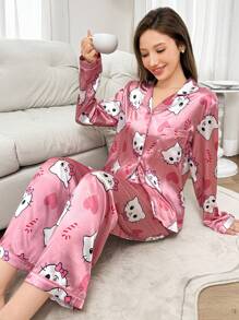 2件套女士卡通猫咪棒棒糖印花睡衣套装，秋冬服装 - 彩色 - 查看 3