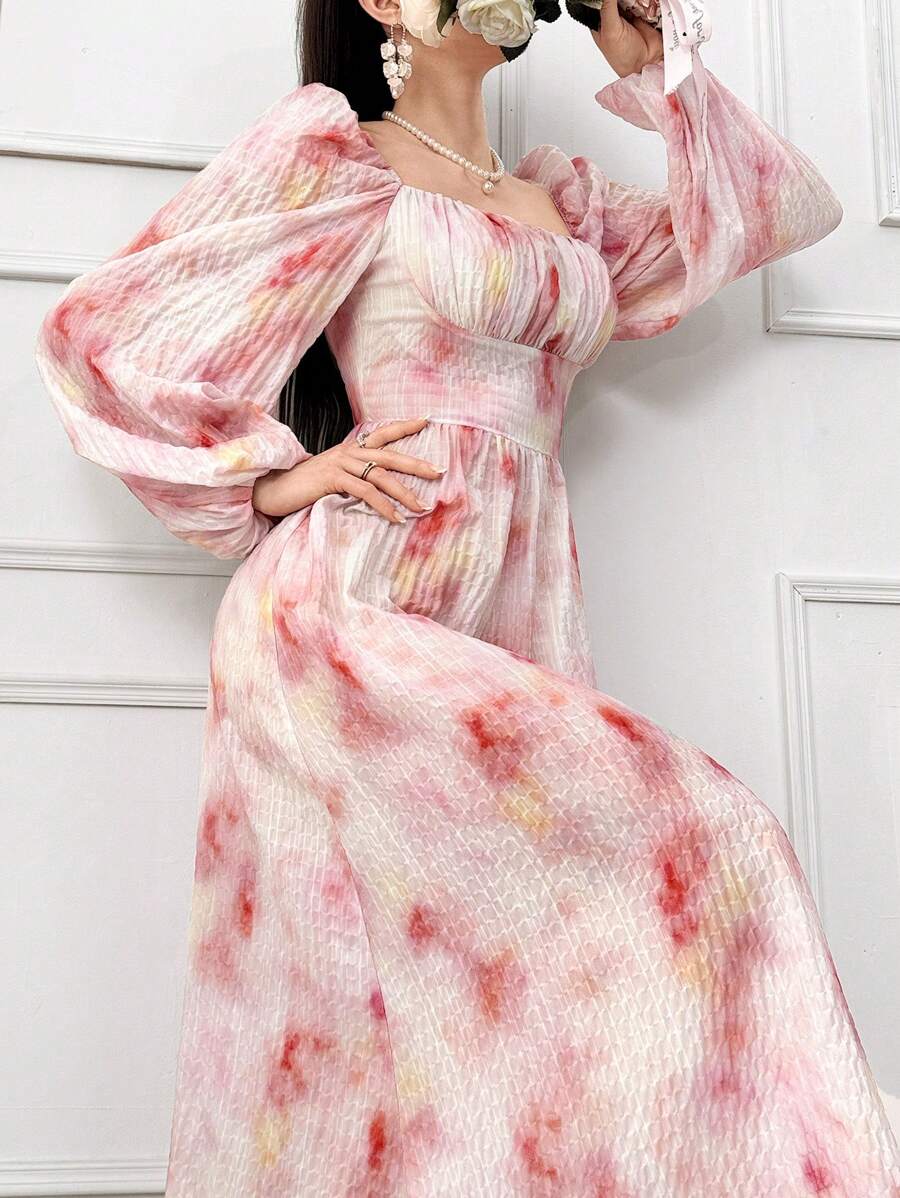 Modelyn Vestido casual de mujer con cuello cuadrado, manga larga, plisado y estampado floral
