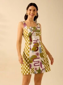 CAJUNI Váy ngắn không tay buộc dây in họa tiết nhiệt đới nhiều màu sắc Boho cho nữ, mùa hè - Nhiều màu - Xem 3