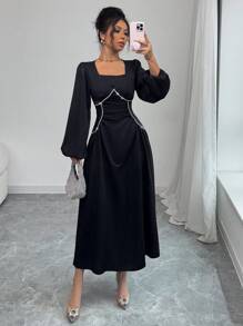 Modelyn 女士水钻装饰长袖方领简约休闲优雅长裙 - 黑色 - 查看 6