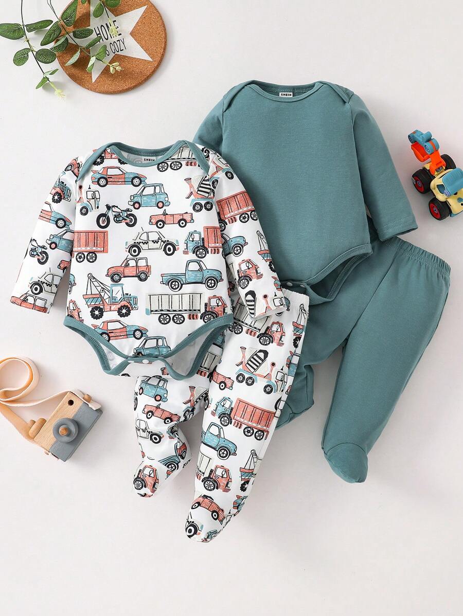 4 件套新生儿可爱汽车图案连体衣连脚裤家居服套装