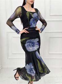 Modelyn Women Square Neck Long Sleeve Floral Print Fitted Casual Dress - Black - View 5