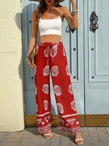 Chiquease 女式休闲复古花卉印花直筒裤，腰部有抽绳，侧面有拉链