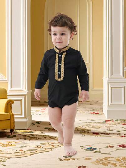 Baby Boys Long Sleeve Stand Collar Frilled Gentleman Top, Half Open Front Fashionable Casual Daily & Holiday Wear, Suitable For Spring & Summer