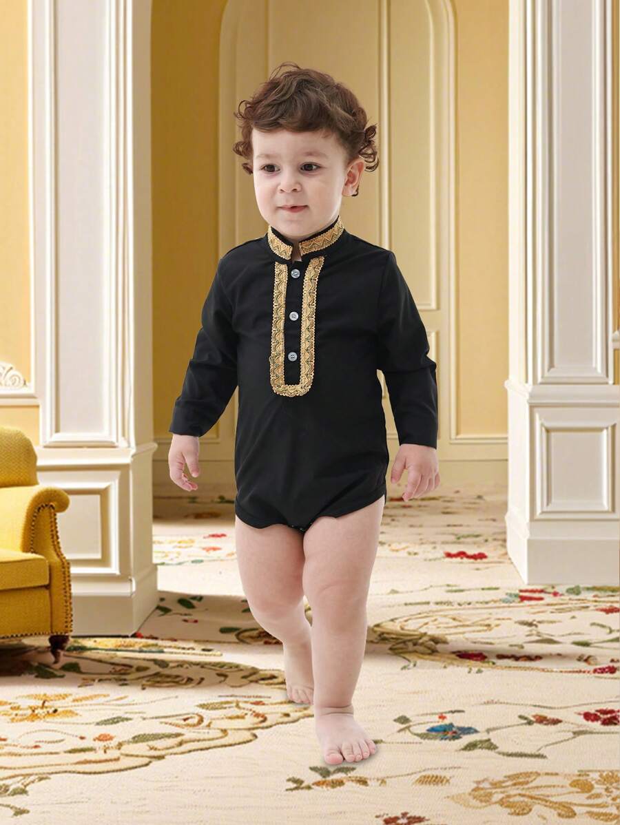 男婴长袖立领荷叶边绅士上衣，前开半开时尚休闲日常和度假装，适合春夏季 - 黑色 - 查看 1