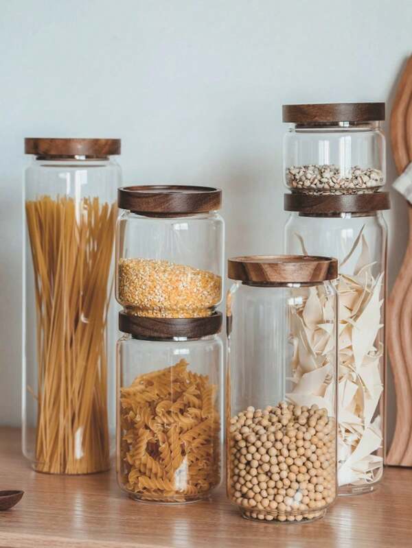 SHEIN 1pc Acacia Wood Sealed Glass Jar With Wooden Lid, Kitchen Storage Jar For Grains, Suitable For Storing Coffee Beans, Pasta, Spices, Candy, Salt, Sugar, Tea, Glass Bottle