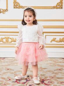 SHEIN Babygirl Summer Floral Organza Top With Mesh Skirt Set, Cute & Versatile - Multicolor - View 5