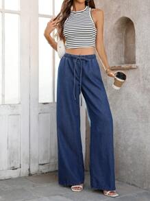 SHEIN Essnce 女士休闲抽绳腰阔腿牛仔裤 - 深色水洗藍 - 查看 6