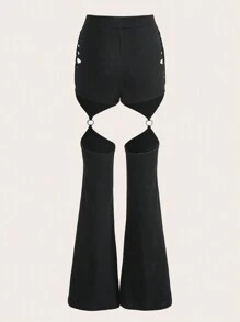 ROMWE PUNK 頹廢搖滾鏤空O形環細節喇叭褲 - 黑色 - 查看 2
