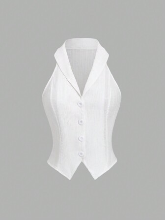 Sweetra Women's Textured Voile Lapel Sleeveless Open Front Shirt