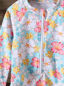 Girls' Printed One-Piece Swimsuit Girls' Floral Print One-Piece Swimsuit With Long Sleeves And Zipper Detail Young Girls' Multicolor High Neck Swimsuit With UPF 50+ Sun Protection Perfect For Summer Beach Days