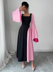 Modelyn 女士撞色拼接长袖休闲中长连衣裙 - 黑色 - 查看 7