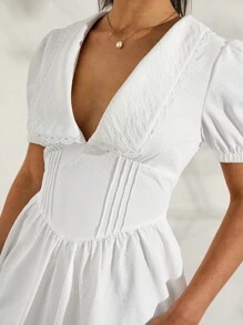 Glamine Vestido blanco de verano con cuello Peter Pan, mangas abullonadas, corte evasé y plisado a la cintura en diseño vintage francés