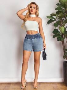 SHEIN SXY High Waist Denim Shorts For Women, Summer New Loose Elastic Waist Wide Leg A-Line Sexy Shorts - Blue - View 3