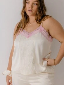 Aralina Plus Size Curve Satin Lace Trim Valentines Shirred Front Silky Cami With Scrunchie For Summer