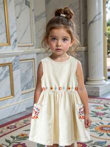 SHEIN Baby Girls Apricot Embroidered Sleeveless Dress, Pastoral Floral Pattern, Suitable For Holidays, Gatherings, Exuding Elegant Style