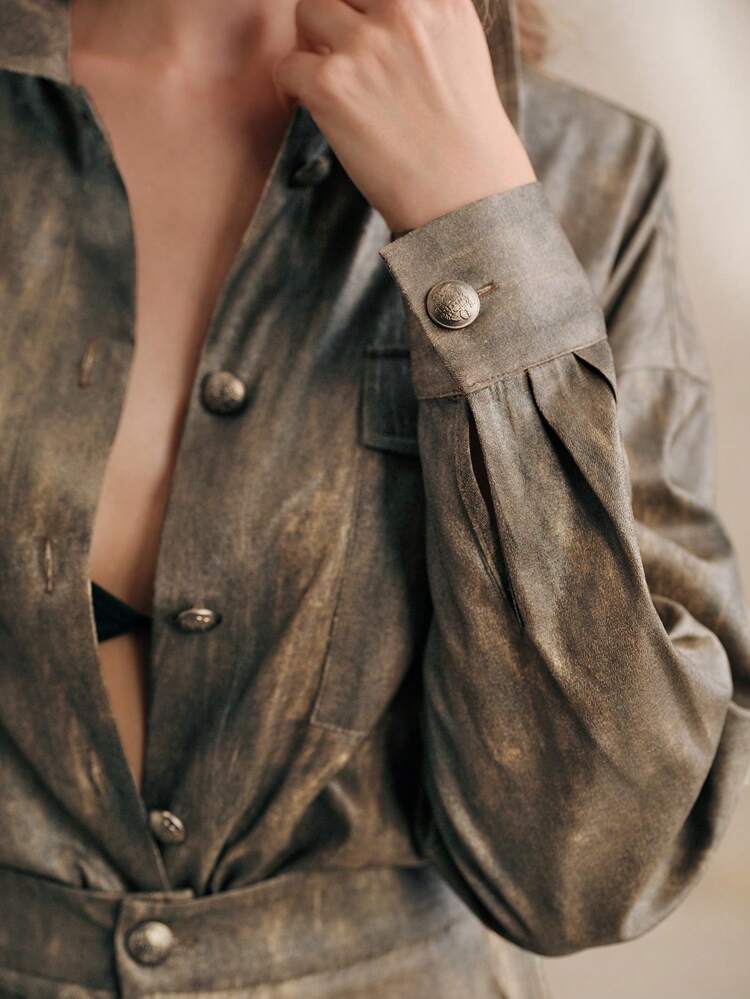 Women's Spring Modern Retro Style Imitation Sand Washed Lapel Long-Sleeved Shirt Wide-Leg Pants Two-Piece Suit