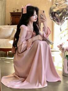 DAZY Women's Patchwork Collar Bowknot Frill Trim Mid-Length Dress,Fall Dress Long Sleeve Dress - Pink - View 12