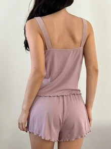 DAZY Ribbed Knit Wave Hem Camisole & Shorts Pajama Set - Purple - View 2