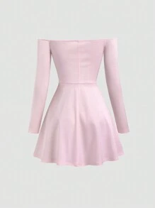 SHEIN Unity 女士甜美淑女蝴蝶结露肩修身优雅奢华长袖短款派对连衣裙 - 粉色 - 查看 2