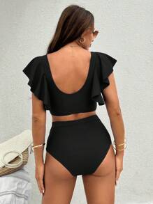 Swim Vcay Women's Simple Solid Color Summer Vacation Beach Swimwear Bikini Set - Black - View 2