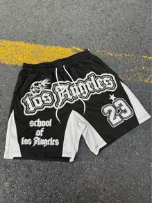 PAVTROS 男士抽绳腰字母图案短裤 - 黑色 - 查看 5