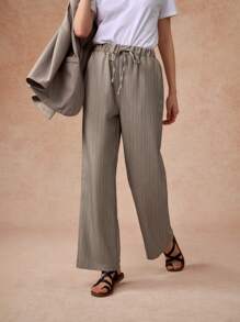 Casual Loose Straight Elastic Waist Drawstring Pants, Spring & Summer Fall Cloth For Women - Khaki - View 7