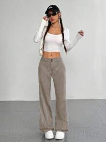 SHEIN Unity Women's Striped Flare Casual/Work Loose Fit Long Pants Fall Cloth For Women - Khaki - View 5