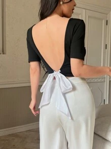 SHEIN Unity 新款优雅露背白色蝴蝶结上衣 - 彩色 - 查看 2