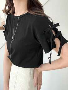 FRIFUL 女式甜美学院风黑色蝴蝶结T恤，夏季