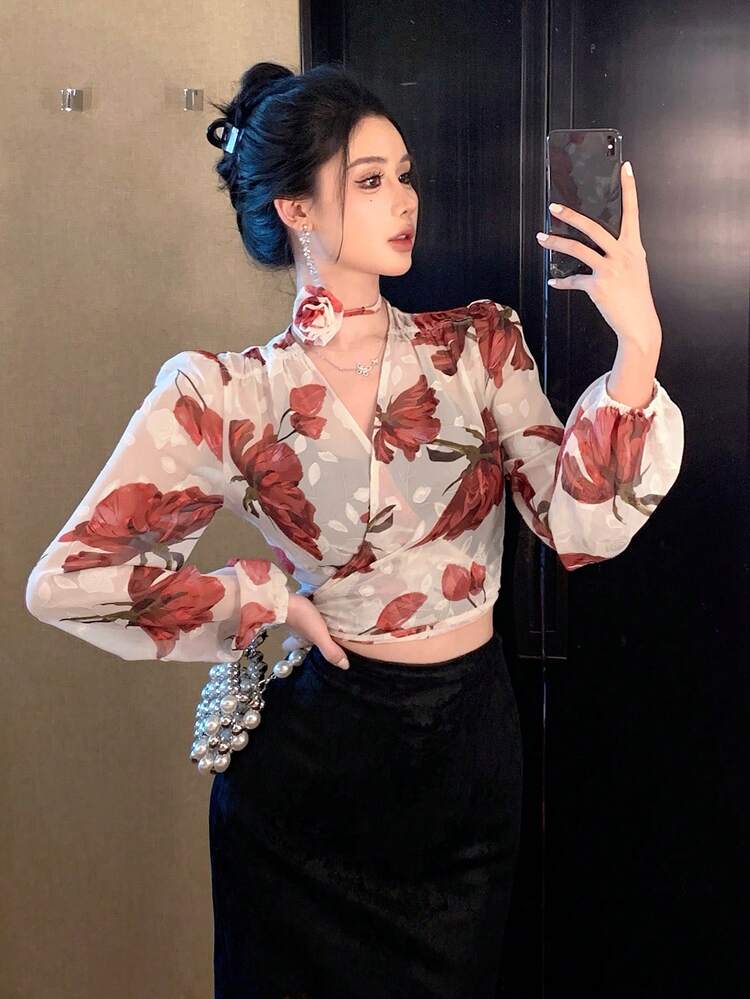 Women's Floral Print V-Neck Puff Sleeve Simple Casual Blouse,Fall Women Clothes Long Sleeve Top Going Out Tops Women